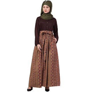 Duel colored skirt style abaya-Brown-printed